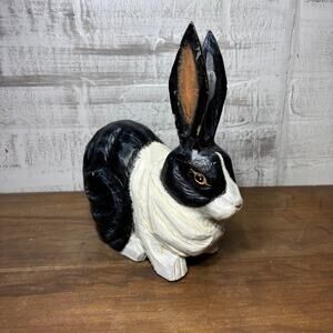 Hand Carved Black & White Rabbit Figurine